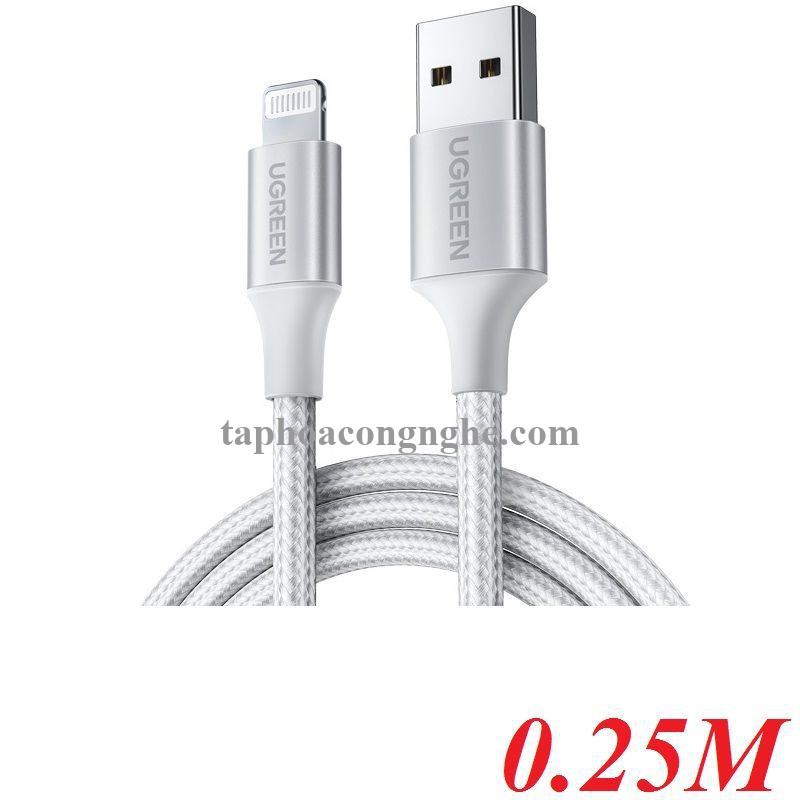 Ugreen 60159 0.25m màu trắng cáp USB 2.0 A ra Lightning MFI đầu bọc nhôm mà nickel chống nhiễu 25cm US291 30060159